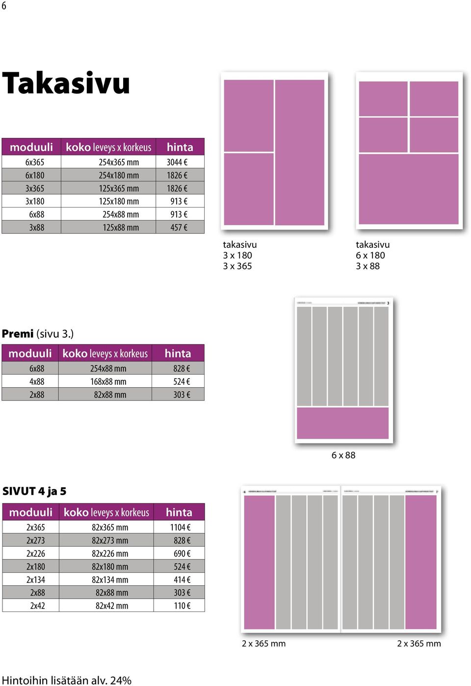 ) 6x88 254x88 mm 828 4x88 168x88 mm 524 2x88 82x88 mm 303 6 x 88 SIVUT 4 ja 5 2x365 82x365 mm 1104 2x273 82x273 mm