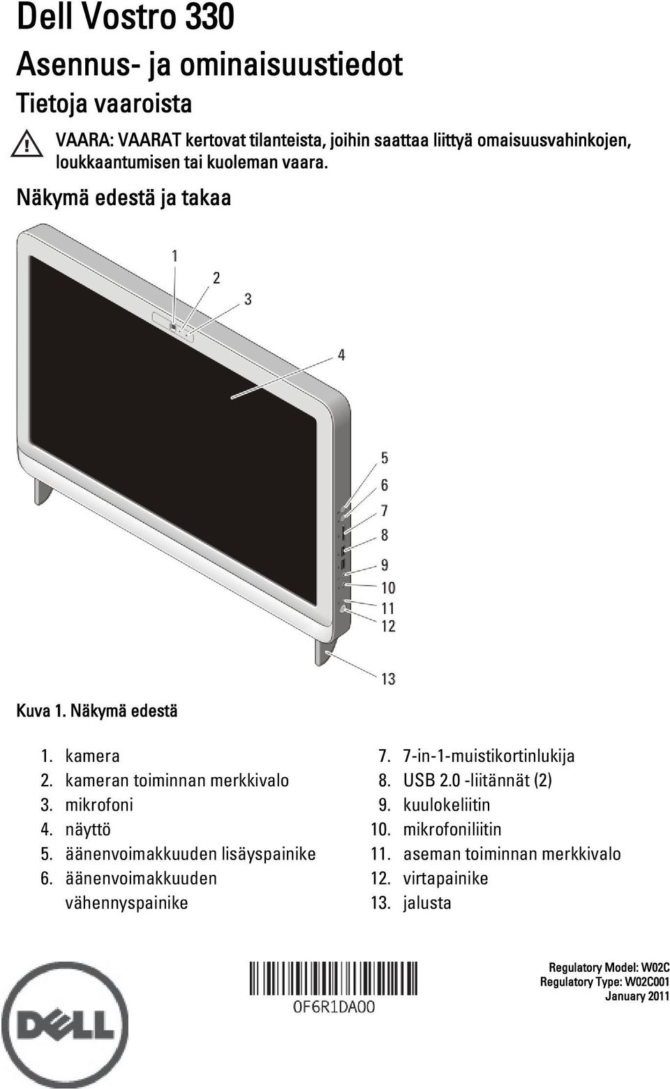 näyttö 5. äänenvoimakkuuden lisäyspainike 6. äänenvoimakkuuden vähennyspainike 7. 7-in-1-muistikortinlukija 8. USB 2.0 -liitännät (2) 9.