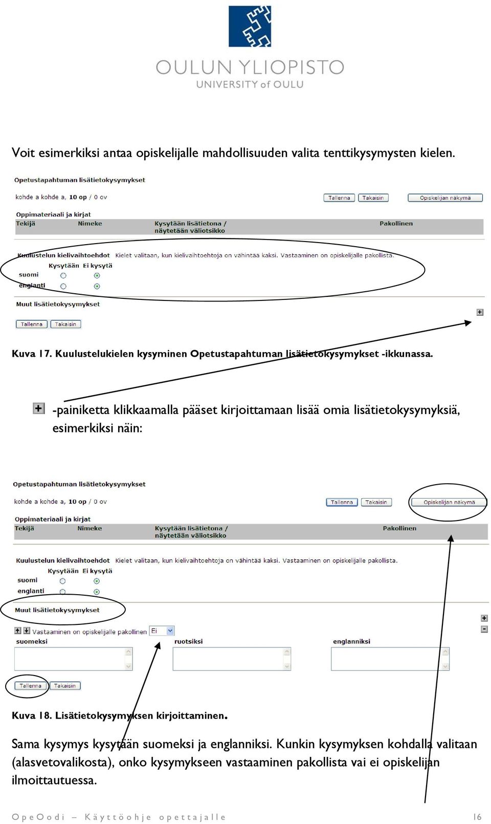 -painiketta klikkaamalla pääset kirjoittamaan lisää omia lisätietokysymyksiä, esimerkiksi näin: Kuva 18.