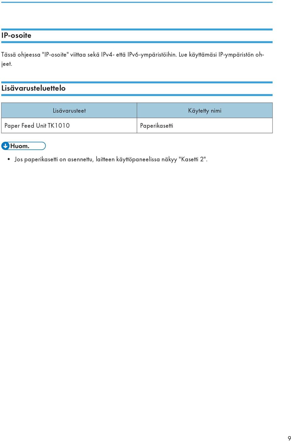 Lisävarusteluettelo Lisävarusteet Käytetty nimi Paper Feed Unit TK1010