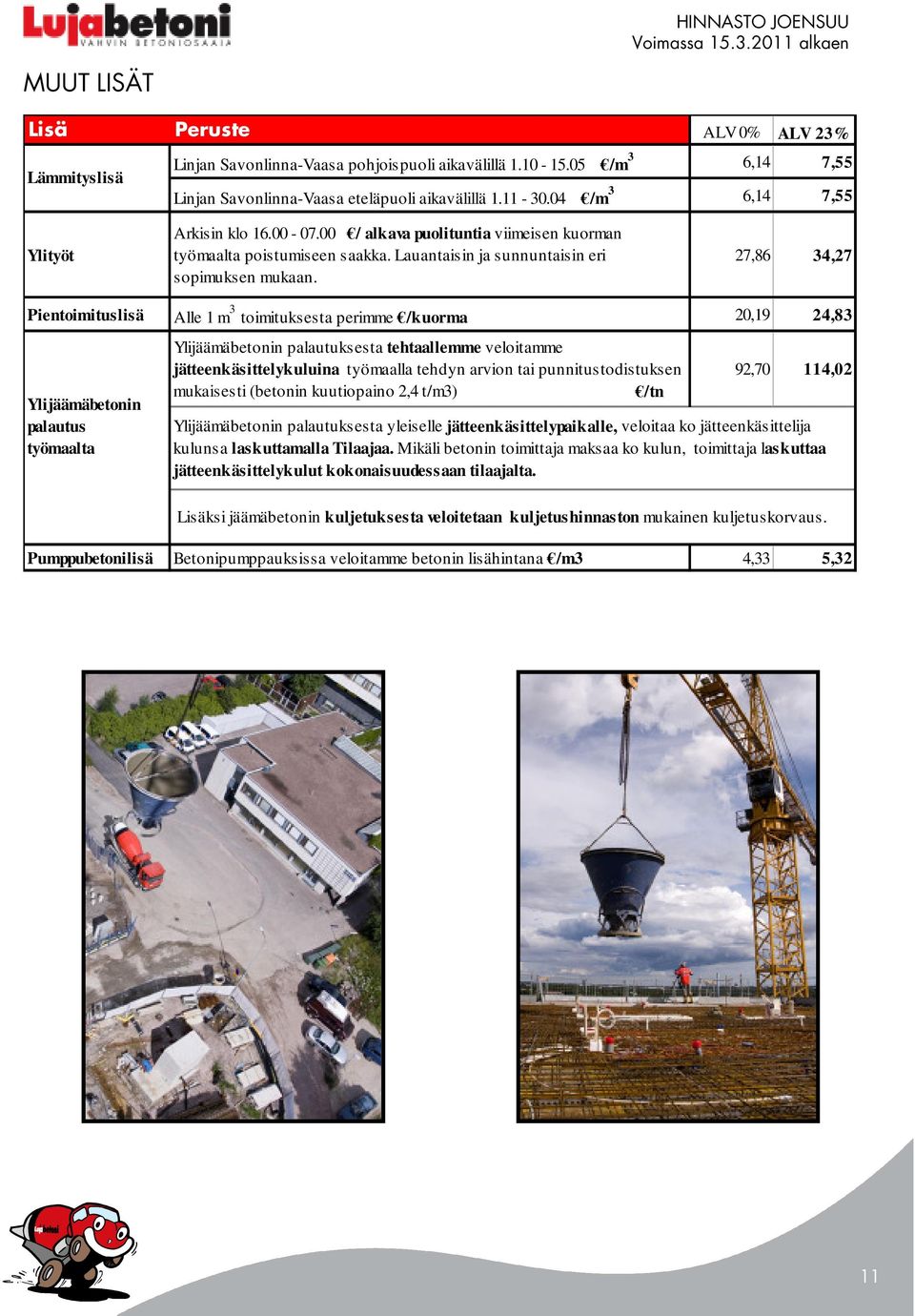 27,86 34,27 Pientoimituslisä Alle 1 m 3 toimituksesta perimme /kuorma 20,19 24,83 Ylijäämäbetonin palautus työmaalta Ylijäämäbetonin palautuksesta tehtaallemme veloitamme jätteenkäsittelykuluina