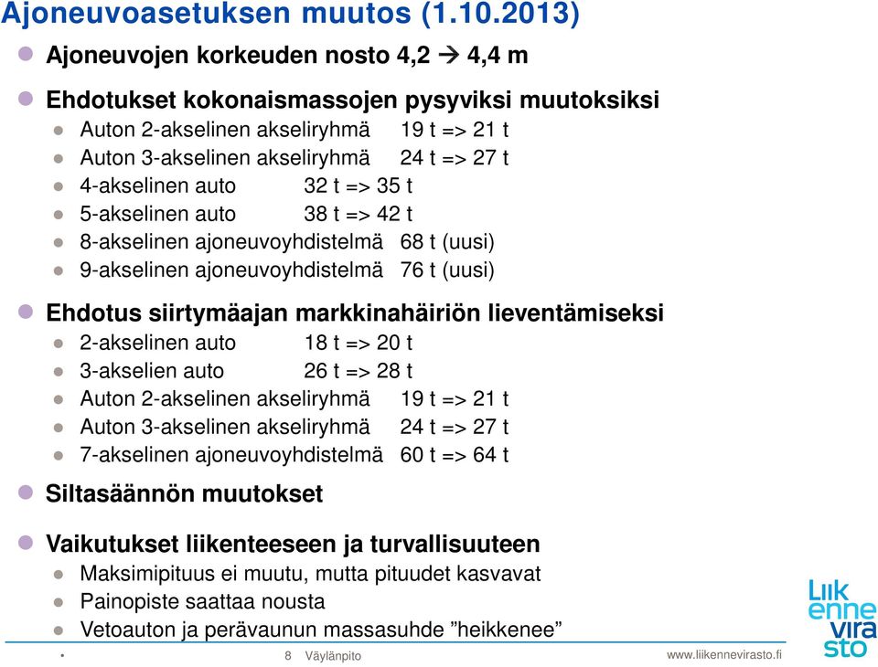 t => 35 t 5-akselinen auto 38 t => 42 t 8-akselinen ajoneuvoyhdistelmä 68 t (uusi) 9-akselinen ajoneuvoyhdistelmä 76 t (uusi) Ehdotus siirtymäajan markkinahäiriön lieventämiseksi 2-akselinen auto 18