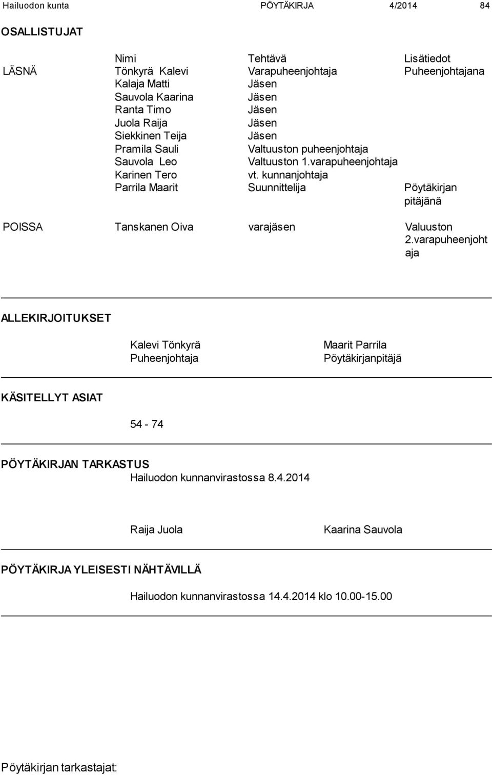 kunnanjohtaja Parrila Maarit Suunnittelija Pöytäkirjan pitäjänä POISSA Tanskanen Oiva varajäsen Valuuston 2.