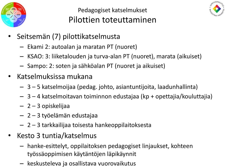 johto, asiantuntijoita, laadunhallinta) 3 4 katselmoitavan toiminnon edustajaa (kp + opettajia/kouluttajia) 2 3 opiskelijaa 2 3 työelämän edustajaa 2 3