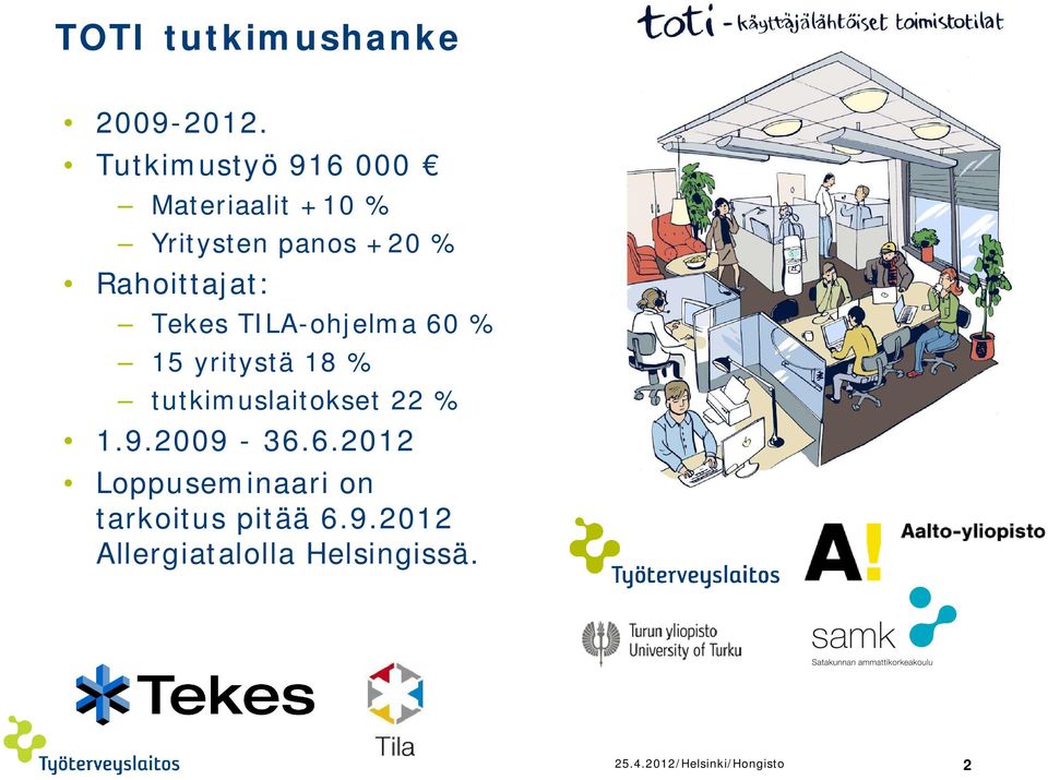 Rahoittajat: Tekes TILA-ohjelma 60 % 15 yritystä 18 % tutkimuslaitokset