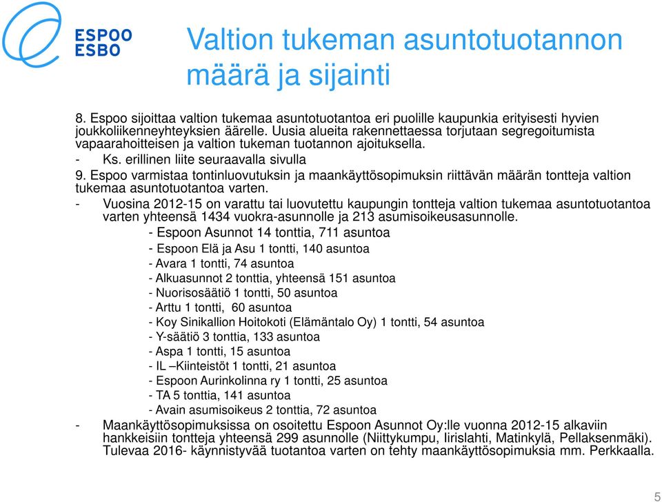 Espoo varmistaa tontinluovutuksin ja maankäyttösopimuksin riittävän määrän tontteja valtion tukemaa asuntotuotantoa varten.
