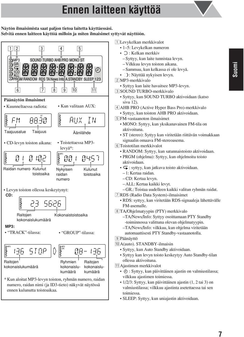 STANDBY SLEEP 123 6 7 8 9 p q Päänäytön ilmaisimet Kuunneltaessa radiota: Taajuusalue MP3 ST Taajuus CD-levyn toiston aikana: Raidan numero Kulunut toistoaika Levyn toiston ollessa keskeytynyt: CD: