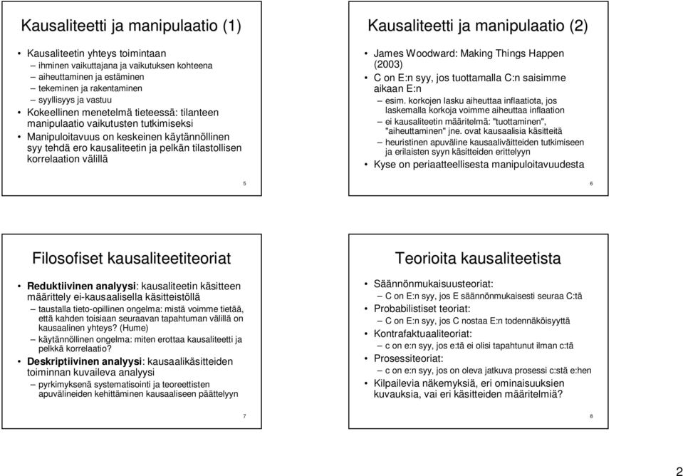 Kausaliteetti ja manipulaatio (2) James Woodward: Making Things Happen (2003) C on E:n syy, jos tuottamalla C:n saisimme aikaan E:n esim.