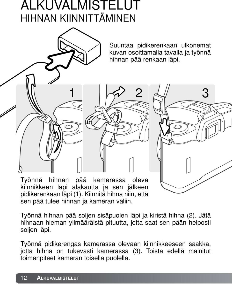 Kiinnitä hihna niin, että sen pää tulee hihnan ja kameran väliin. Työnnä hihnan pää soljen sisäpuolen läpi ja kiristä hihna (2).