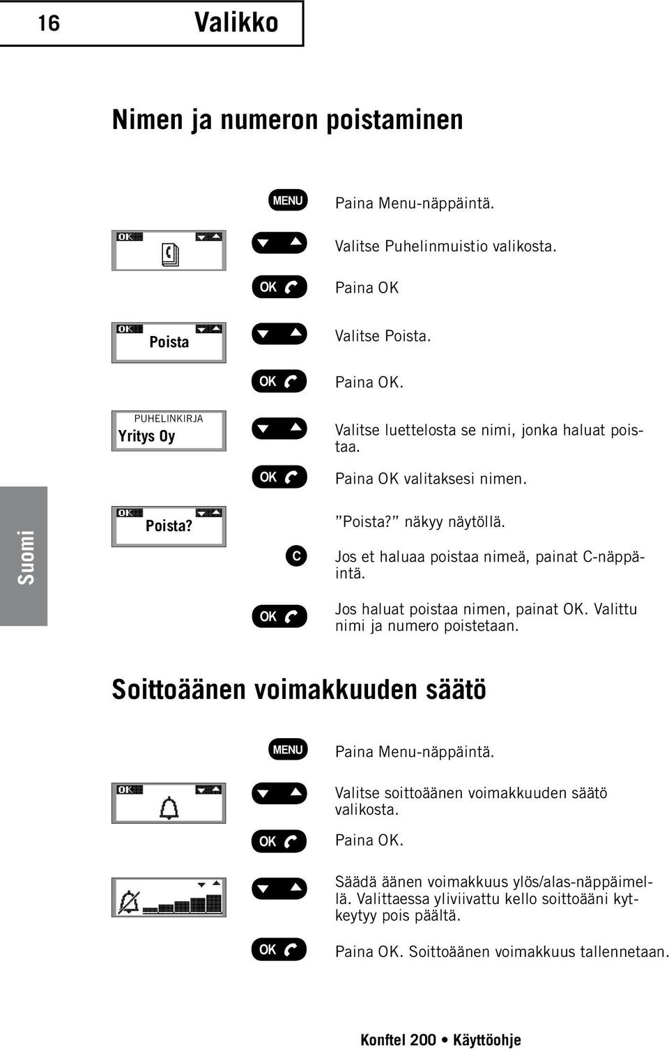 Jos et haluaa poistaa nimeä, painat C-näppäintä. Jos haluat poistaa nimen, painat OK. Valittu nimi ja numero poistetaan.