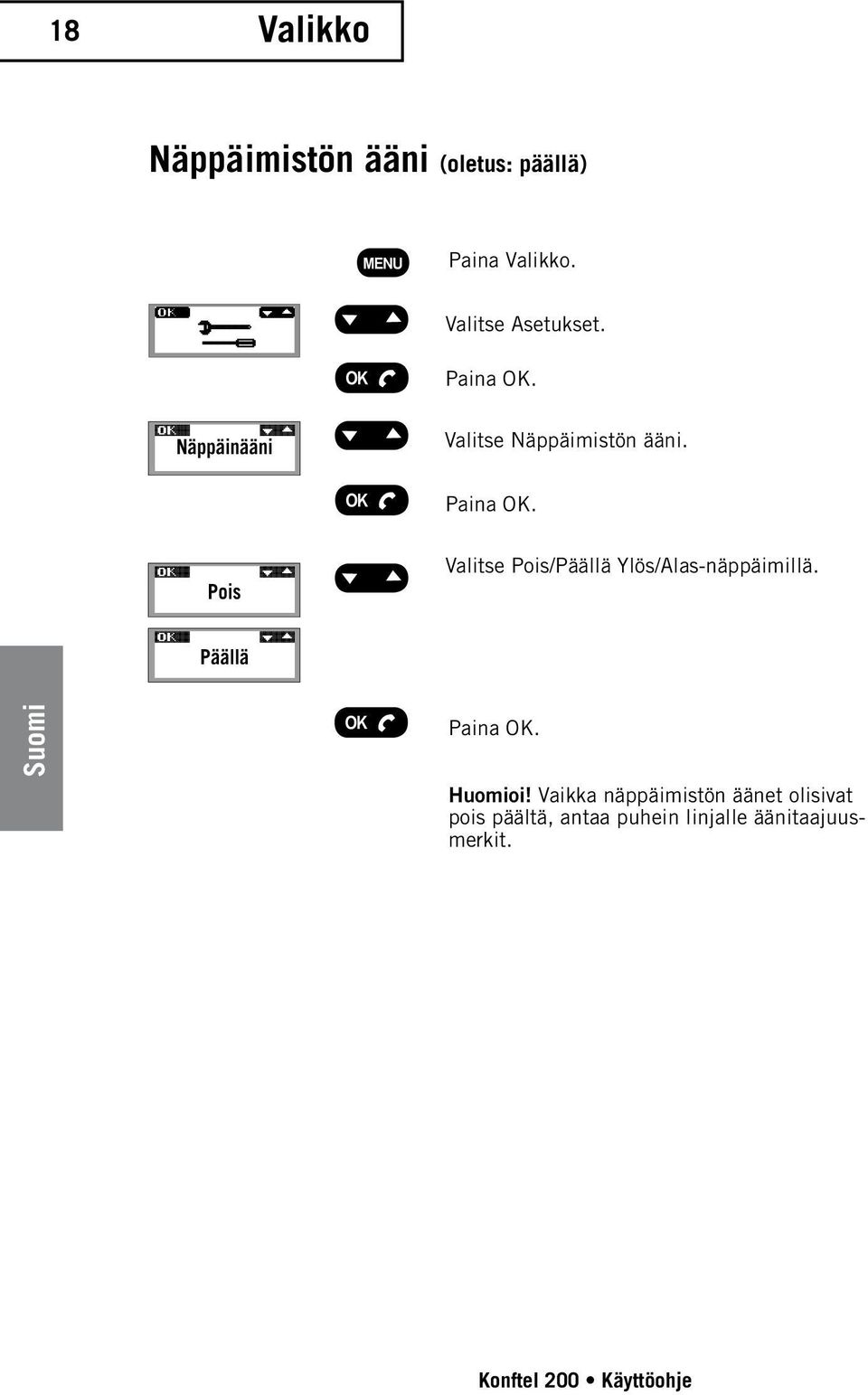 Pois Valitse Pois/Päällä Ylös/Alas-näppäimillä. Päällä Huomioi!