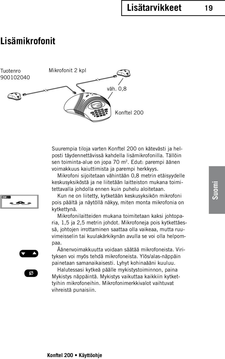 Mikrofoni sijoitetaan vähintään 0,8 metrin etäisyydelle keskusyksiköstä ja ne liitetään laitteiston mukana toimitettavalla johdolla ennen kuin puhelu aloitetaan.