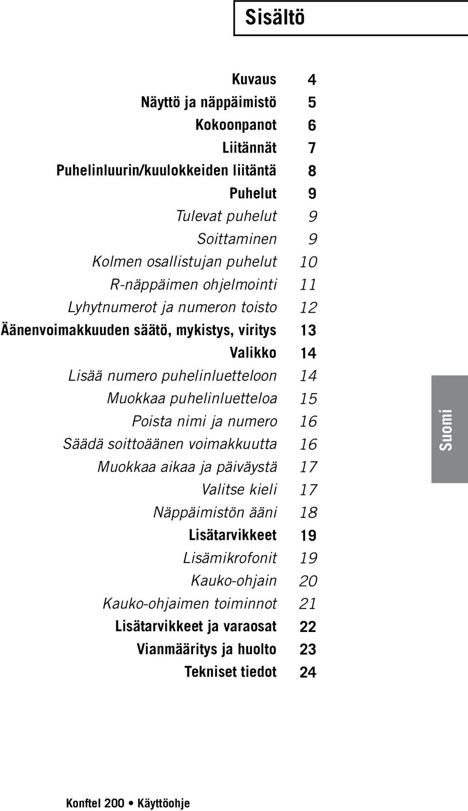 puhelinluetteloa Poista nimi ja numero Säädä soittoäänen voimakkuutta Muokkaa aikaa ja päiväystä Valitse kieli Näppäimistön ääni Lisätarvikkeet Lisämikrofonit