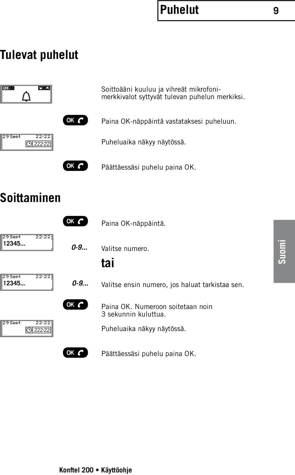 Soittaminen Paina OK-näppäintä. 12345... 0-9... Valitse numero. tai 12345... 0-9... Valitse ensin numero, jos haluat tarkistaa sen.