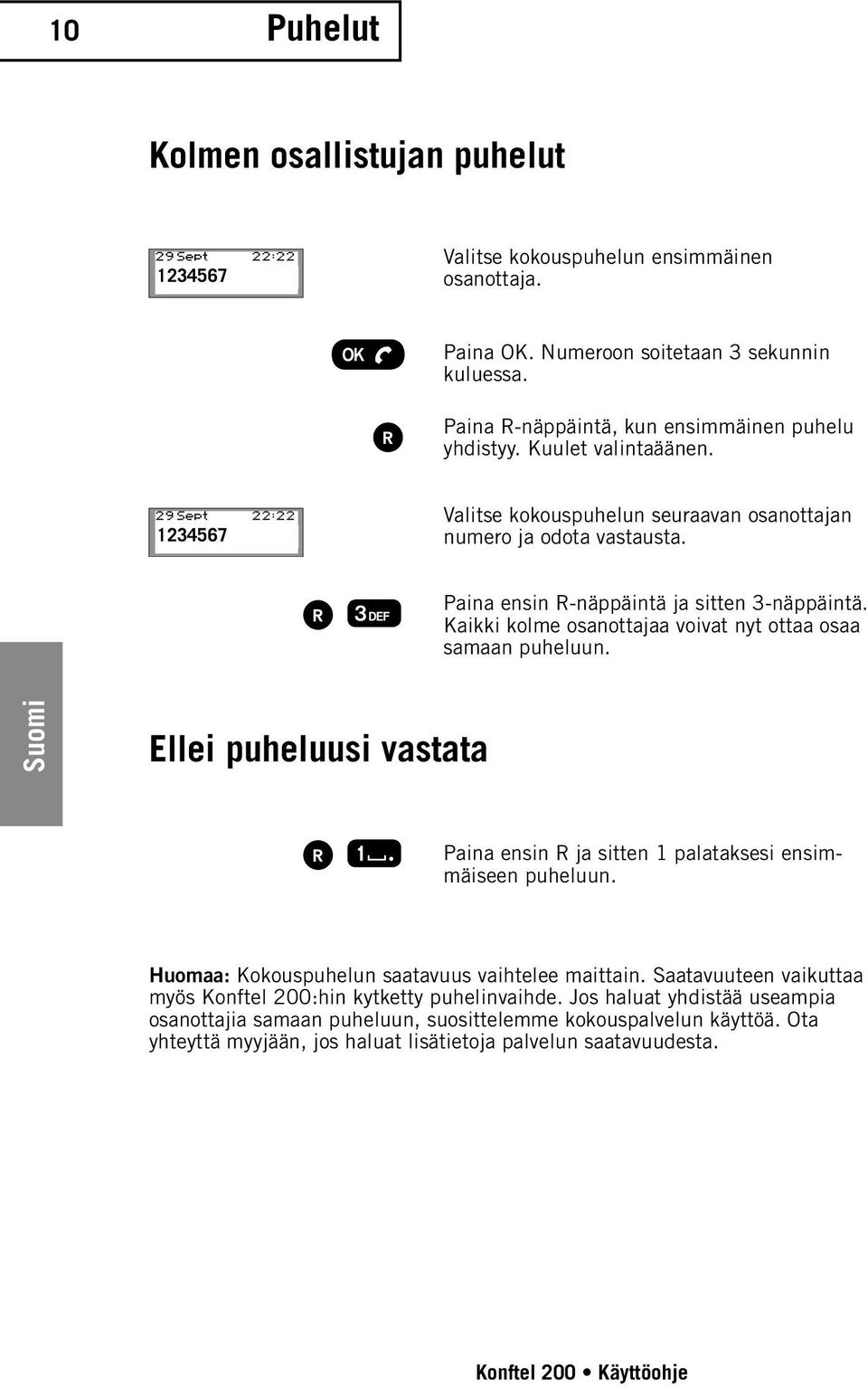 Kaikki kolme osanottajaa voivat nyt ottaa osaa samaan puheluun. Ellei puheluusi vastata Paina ensin R ja sitten 1 palataksesi ensimmäiseen puheluun.