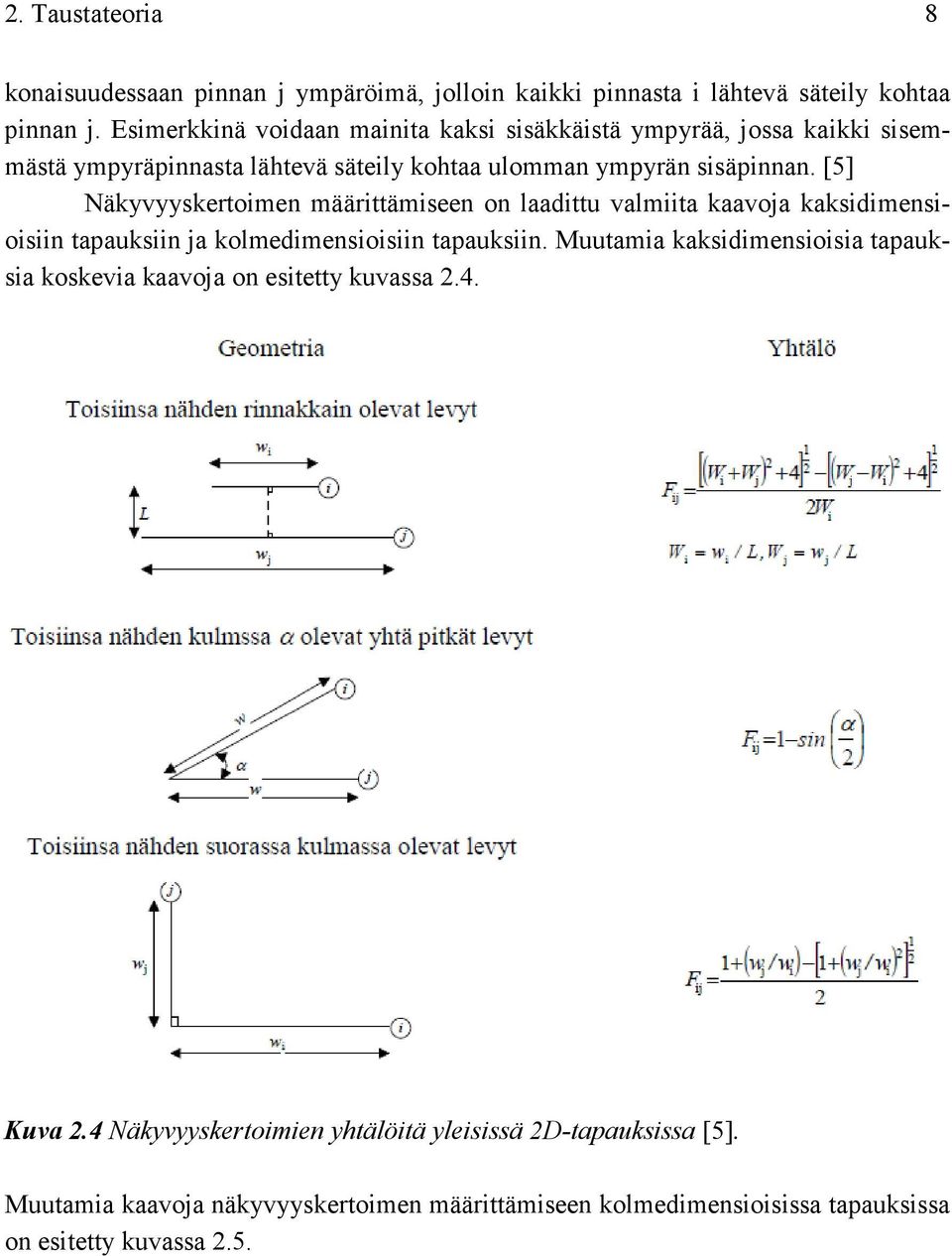 [5] Näkyvyyskertoimen määrittämiseen on laadittu valmiita kaavoja kaksidimensioisiin tapauksiin ja kolmedimensioisiin tapauksiin.