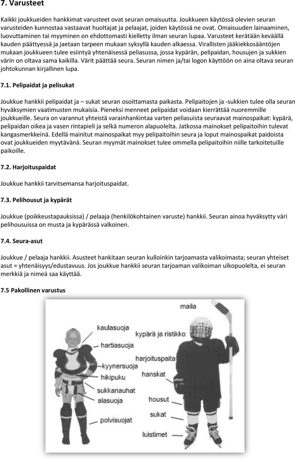 Virallisten jääkiekkosääntöjen mukaan joukkueen tulee esiintyä yhtenäisessä peliasussa, jossa kypärän, pelipaidan, housujen ja sukkien värin on oltava sama kaikilla. Värit päättää seura.