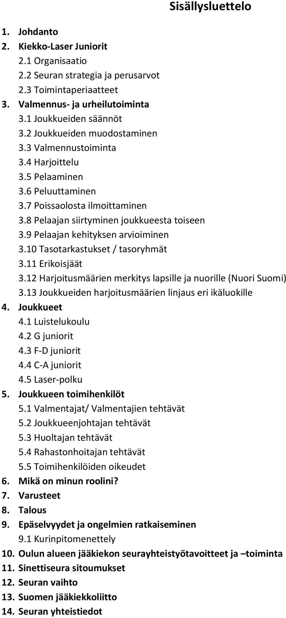 9 Pelaajan kehityksen arvioiminen 3.10 Tasotarkastukset / tasoryhmät 3.11 Erikoisjäät 3.12 Harjoitusmäärien merkitys lapsille ja nuorille (Nuori Suomi) 3.