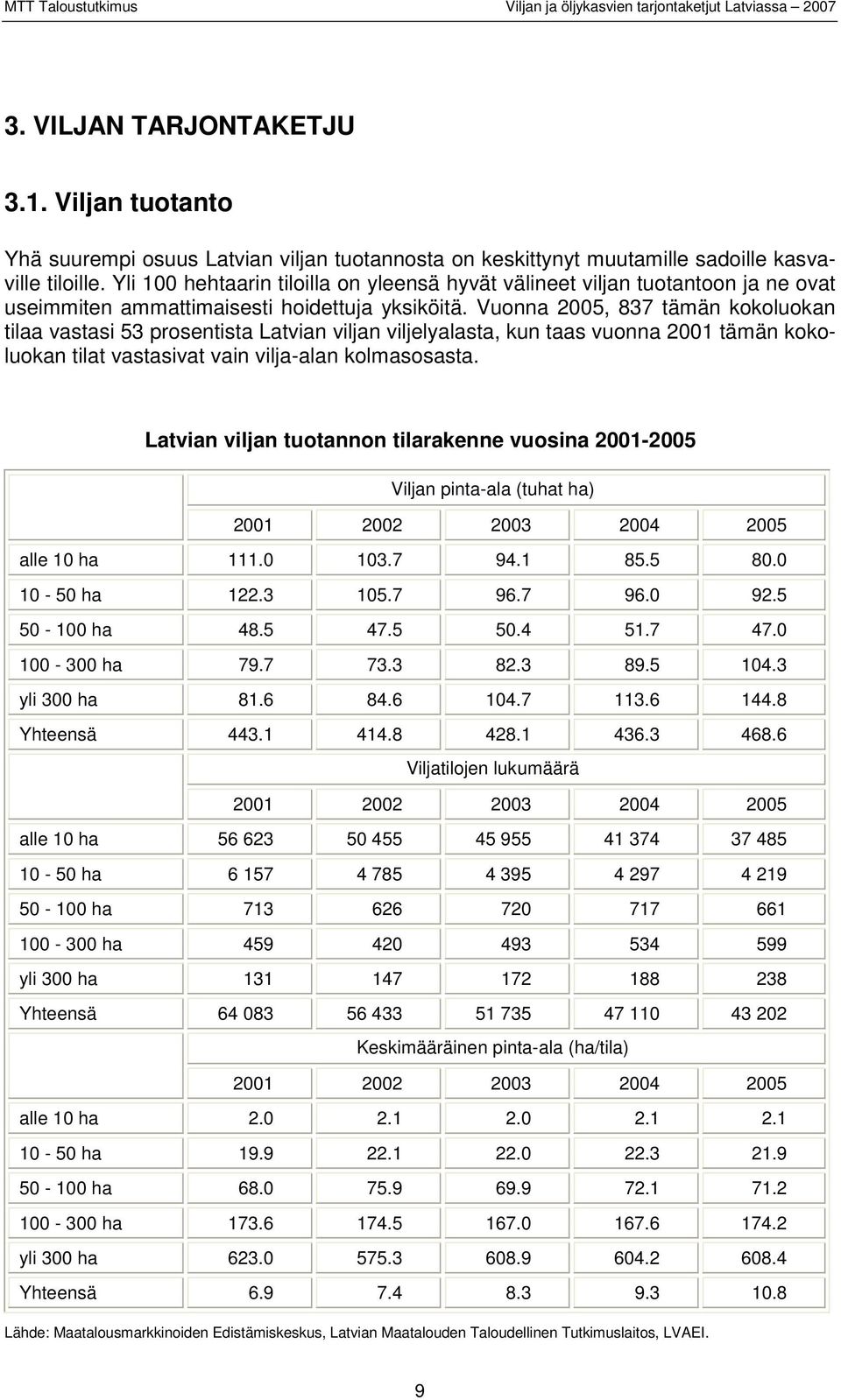 Vuonna 2005, 837 tämän kokoluokan tilaa vastasi 53 prosentista Latvian viljan viljelyalasta, kun taas vuonna 2001 tämän kokoluokan tilat vastasivat vain vilja-alan kolmasosasta.