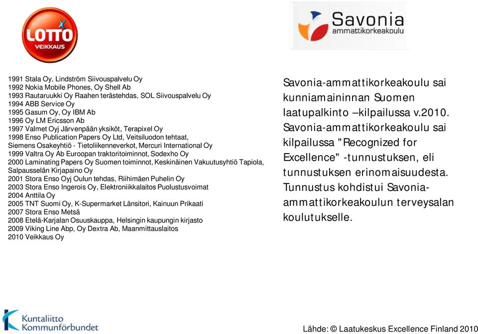 Oy Ab Euroopan traktoritoiminnot, Sodexho Oy 2000 Laminating Papers Oy Suomen toiminnot, Keskinäinen Vakuutusyhtiö Tapiola, Salpausselän Kirjapaino Oy 2001 Stora Enso Oyj Oulun tehdas, Riihimäen