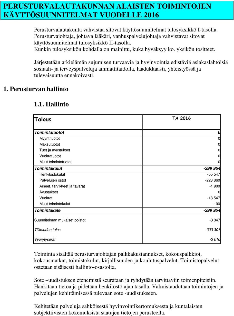 Järjestetään arkielämän sujumisen turvaavia ja hyvinvointia edistäviä asiakaslähtöisiä sosiaali- ja terveyspalveluja ammattitaidolla, laadukkaasti, yhteistyössä ja tulevaisuutta ennakoivasti. 1.