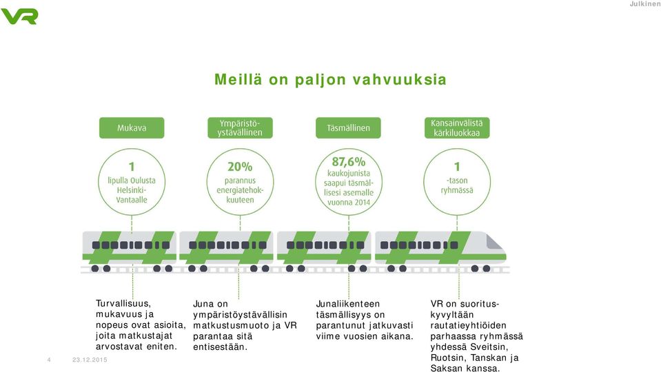 Juna on ympäristöystävällisin matkustusmuoto ja VR parantaa sitä entisestään.