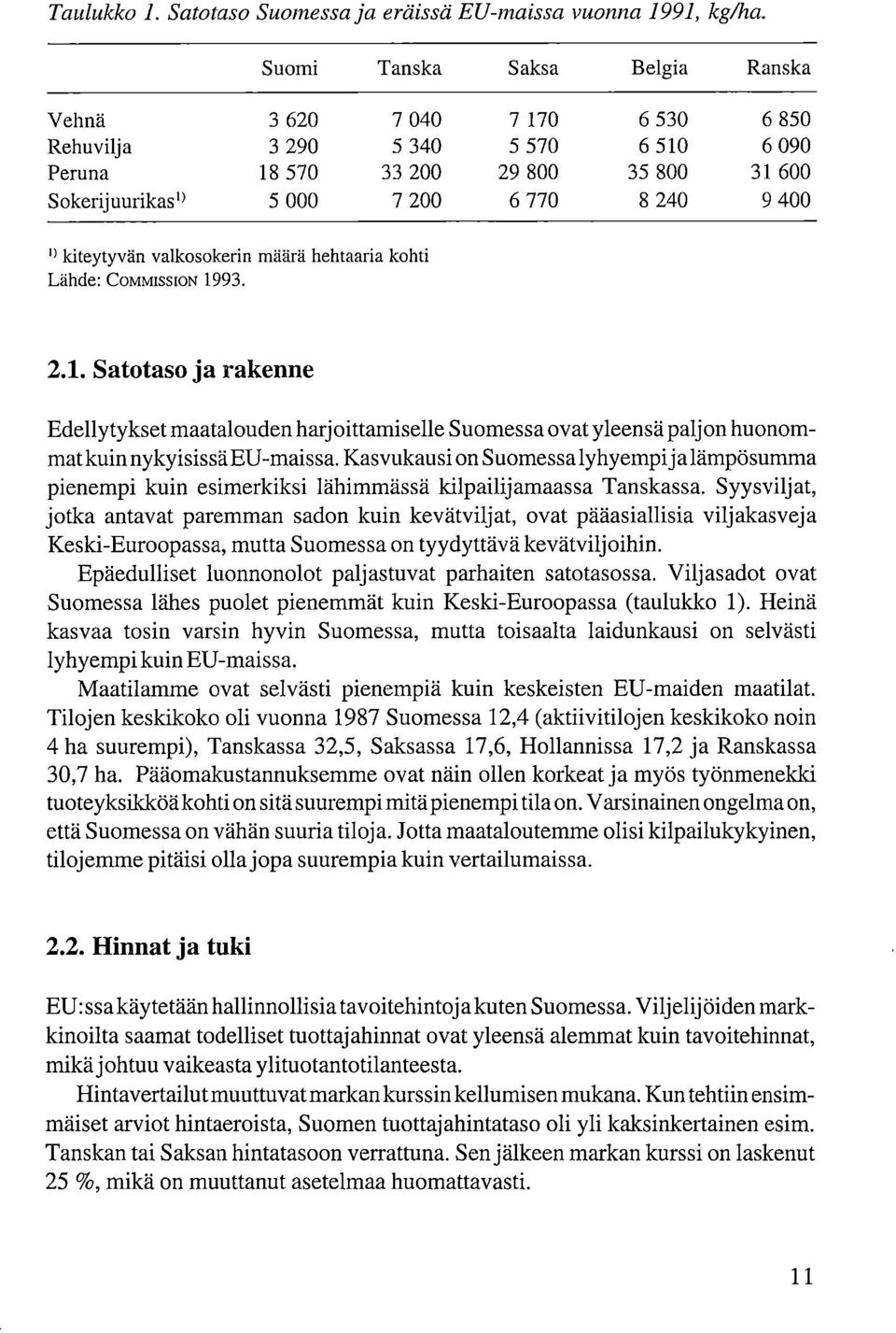 Iciteytyvän valkosokerin määrä hehtaaria kohti Lähde: Commissiox 1993. 2.1. Satotaso ja rakenne Edellytykset maatalouden harjoittamiselle Suomessa ovat yleensä paljon huonommat kuin nykyisissä EU-maissa.