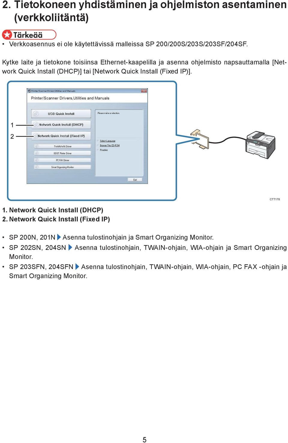 Network Quick Install (DHCP) 2. Network Quick Install (Fixed IP) SP 200N, 201N Asenna tulostinohjain ja Smart Organizing Monitor.