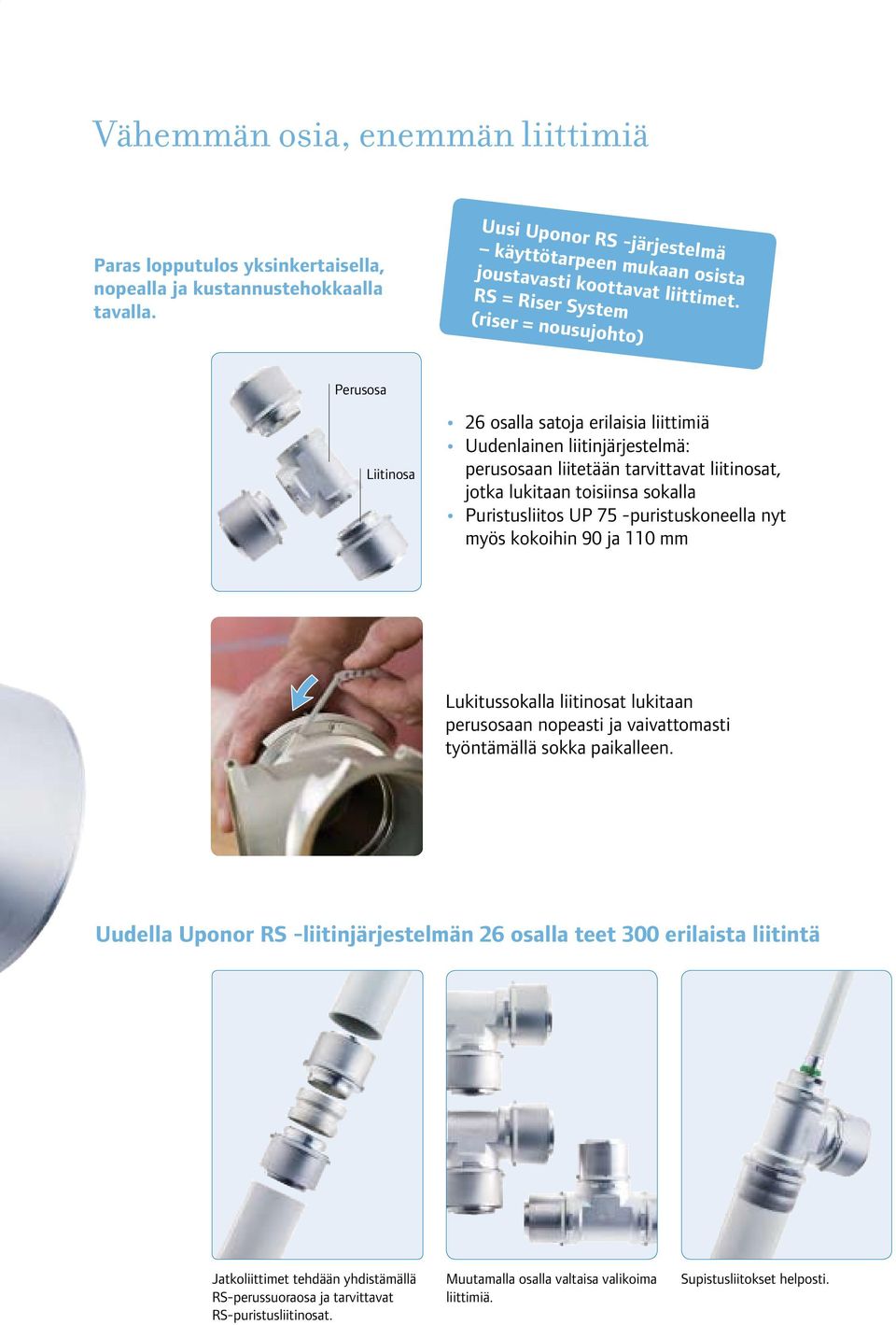 sokalla Puristusliitos UP 75 -puristuskoneella nyt myös kokoihin 90 ja 110 mm Lukitussokalla liitinosat lukitaan perusosaan nopeasti ja vaivattomasti työntämällä sokka paikalleen.