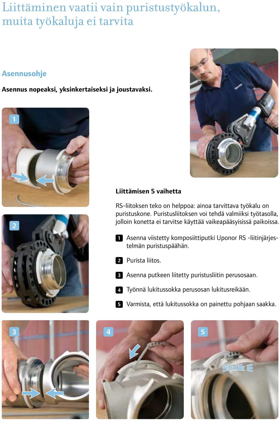 Puristusliitoksen voi tehdä valmiiksi työtasolla, jolloin konetta ei tarvitse käyttää vaikeapääsyisissä paikoissa.