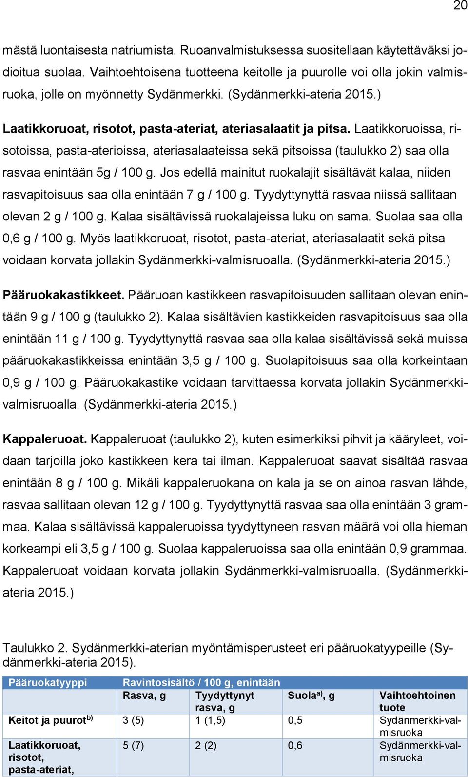 Laatikkoruoissa, risotoissa, pasta-aterioissa, ateriasalaateissa sekä pitsoissa (taulukko 2) saa olla rasvaa enintään 5g / 100 g.