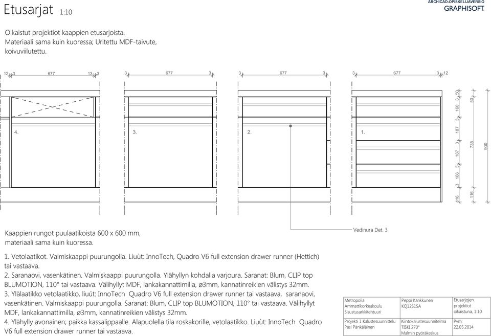 Liuùt: InnoTech, Quadro V6 full extension drawer runner (Hettich) tai vastaava. 2. Saranaovi, vasenkätinen. Valmiskaappi puurungolla. Ylähyllyn kohdalla varjoura.