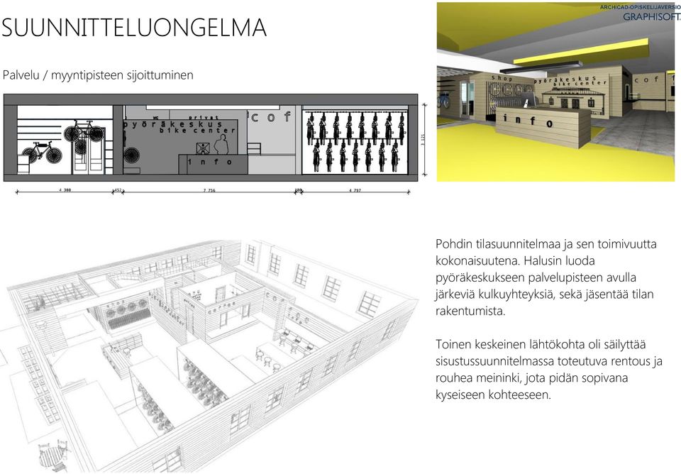 Halusin luoda pyöräkeskukseen palvelupisteen avulla järkeviä kulkuyhteyksiä, sekä jäsentää