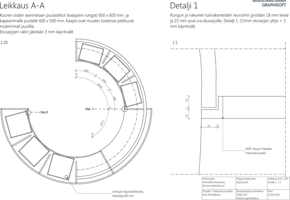 Detalji 1 Rungon ja näkyvien tukirakenteiden reunoihin jyrsitään 18 mm leveä ja 23 mm syvä ura etusarjoille. Detalji 1.