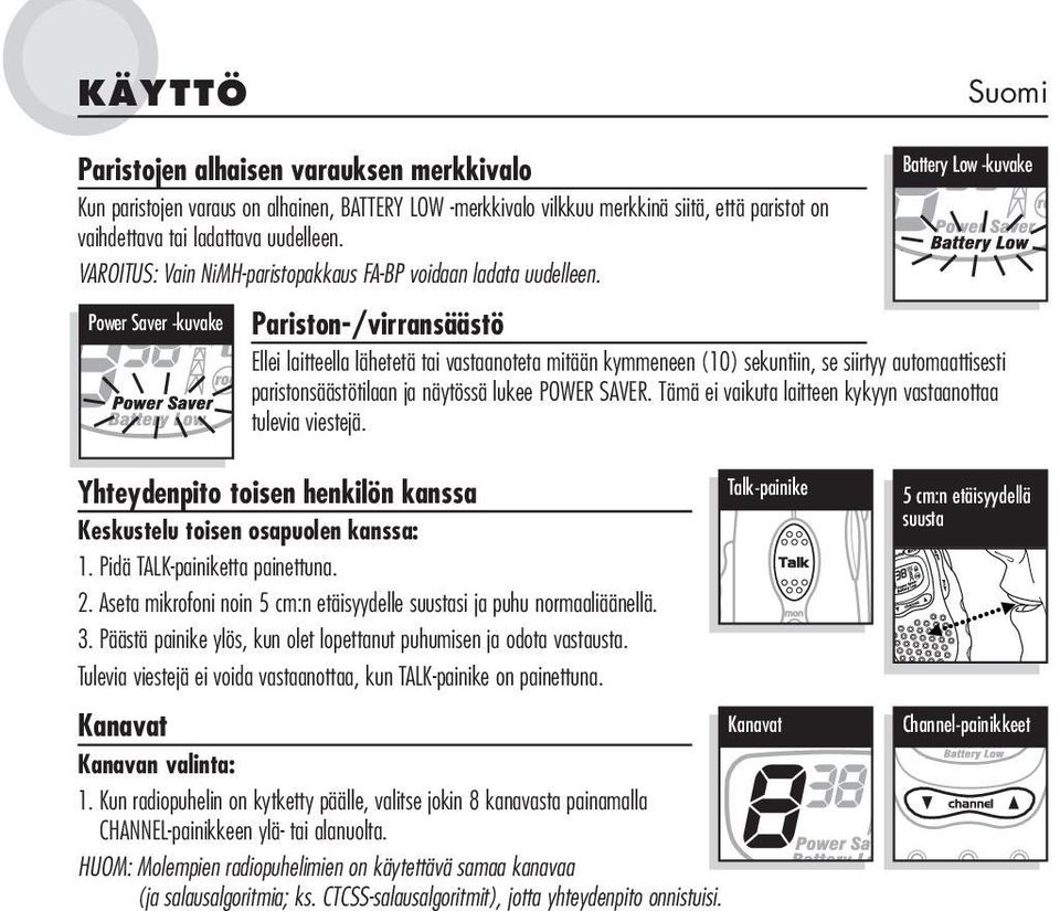 Power Saver -kuvake Pariston-/virransäästö Ellei laitteella lähetetä tai vastaanoteta mitään kymmeneen (10) sekuntiin, se siirtyy automaattisesti paristonsäästötilaan ja näytössä lukee POWER SAVER.