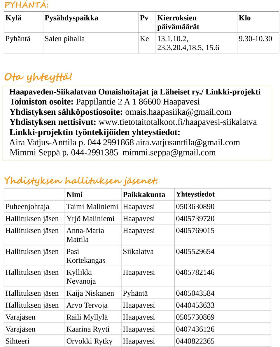 fi/haapavesi-siikalatva Linkki-projektin työntekijöiden yhteystiedot: Aira Vatjus-Anttila p. 044 2991868 aira.vatjusanttila@gmail.com Mimmi Seppä p. 044-2991385 mimmi.seppa@gmail.