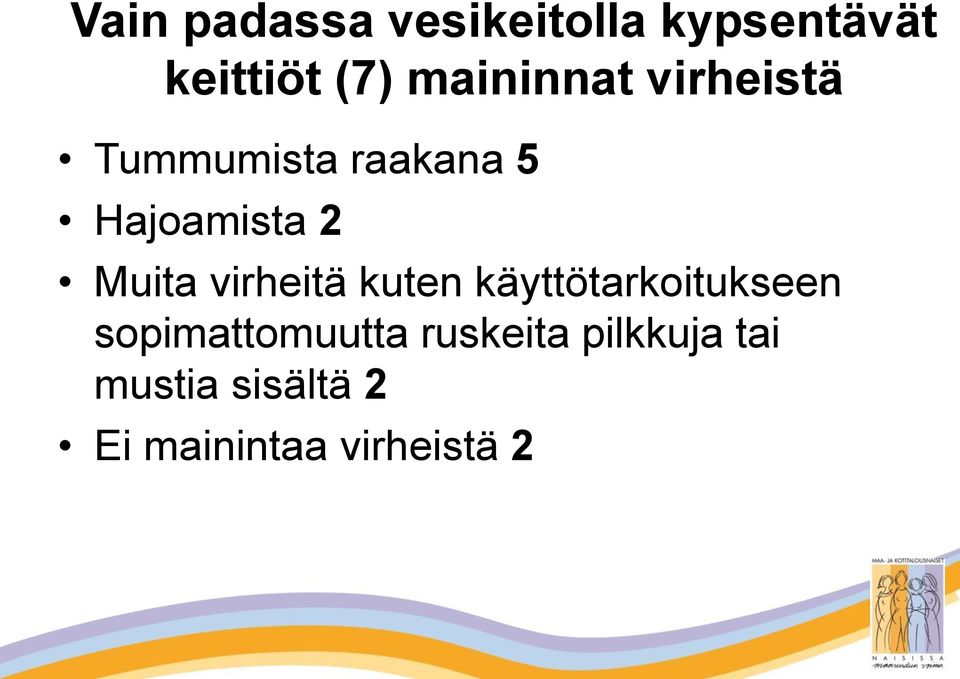 Muita virheitä kuten käyttötarkoitukseen sopimattomuutta