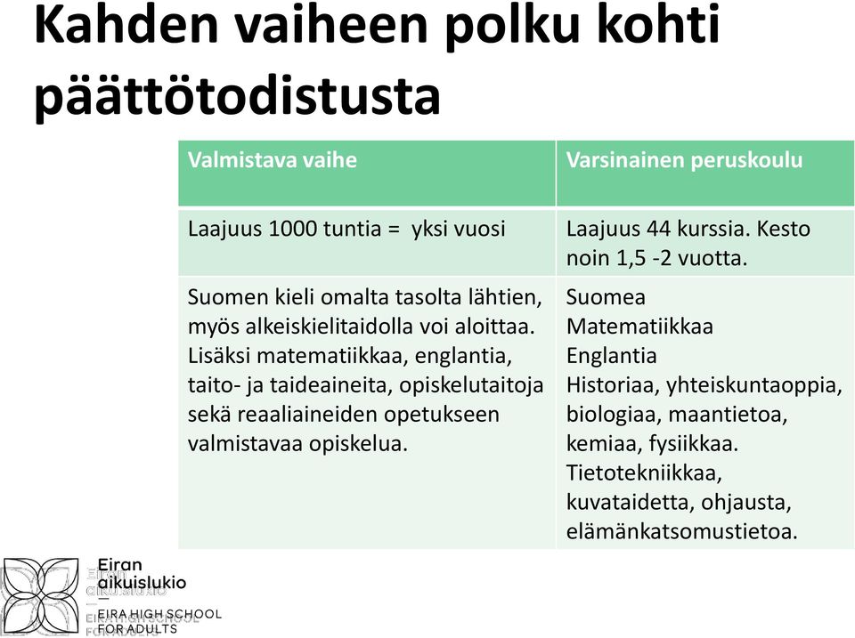 Lisäksi matematiikkaa, englantia, taito- ja taideaineita, opiskelutaitoja sekä reaaliaineiden opetukseen valmistavaa opiskelua.