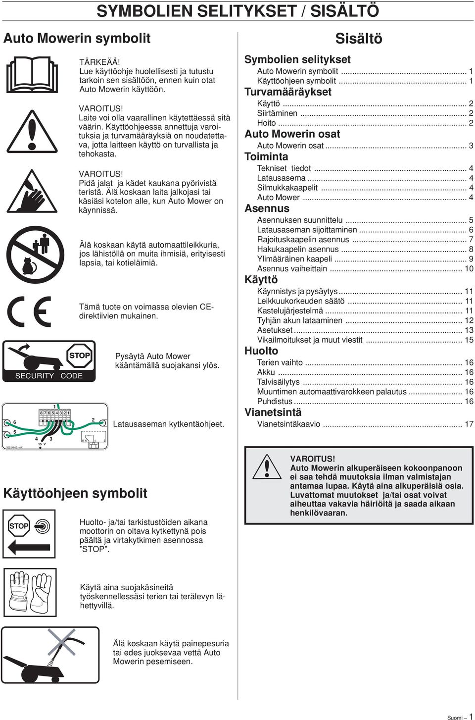 Pidä jalat ja kädet kaukana pyörivistä teristä. Älä koskaan laita jalkojasi tai käsiäsi kotelon alle, kun Auto Mower on käynnissä.