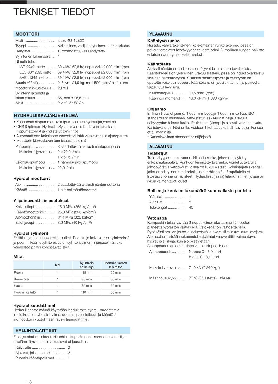 .. 39,4 kw (52,8 hv) nopeudella 2 000 min -1 (rpm) Suurin vääntö... 215 Nm (21,9 kgf m) 1 500 kierr./min -1 (rpm) Moottorin iskutilavuus.. 2,179 l Sylinterin läpimitta ja iskun pituus.