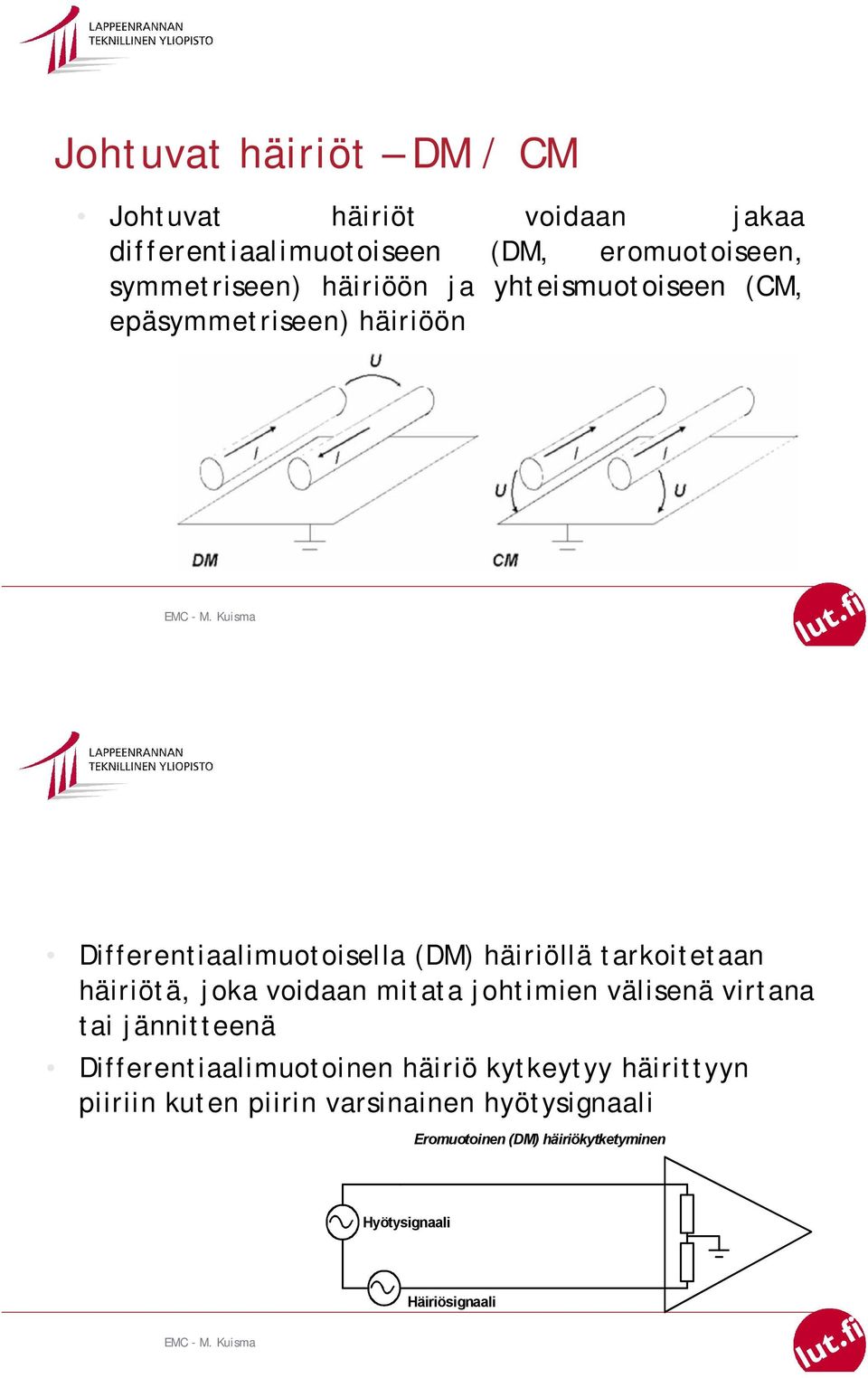 häiriötä, joka voidaan mitata johtimien välisenä virtana tai jännitteenä Differentiaalimuotoinen häiriö kytkeytyy