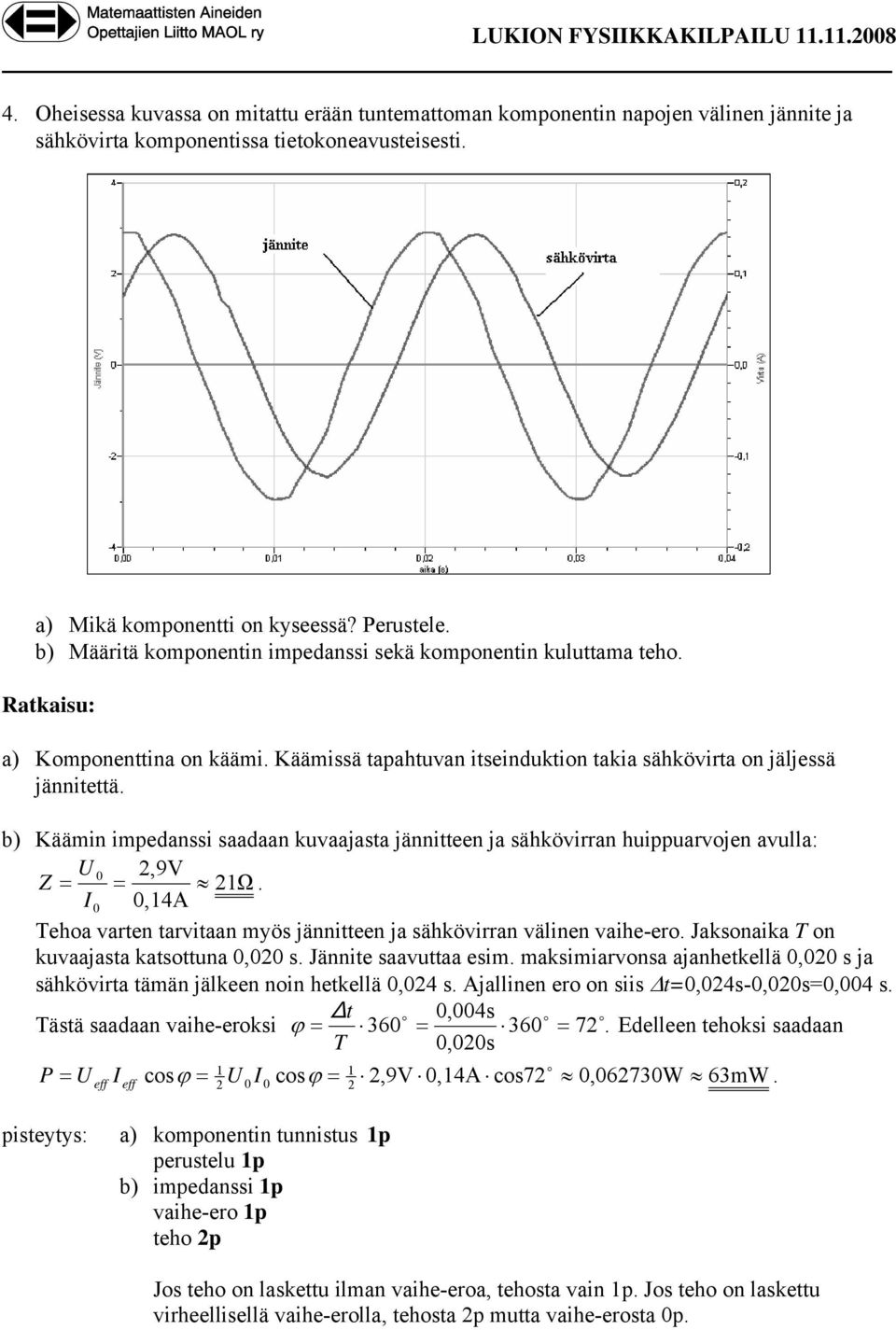 Käämissä tapahtuvan itseinduktion takia sähkövirta on jäljessä jännitettä. b) Käämin impedanssi saadaan kuvaajasta jännitteen ja sähkövirran huippuarvojen avulla: U 0,9V Z = = 1Ω.