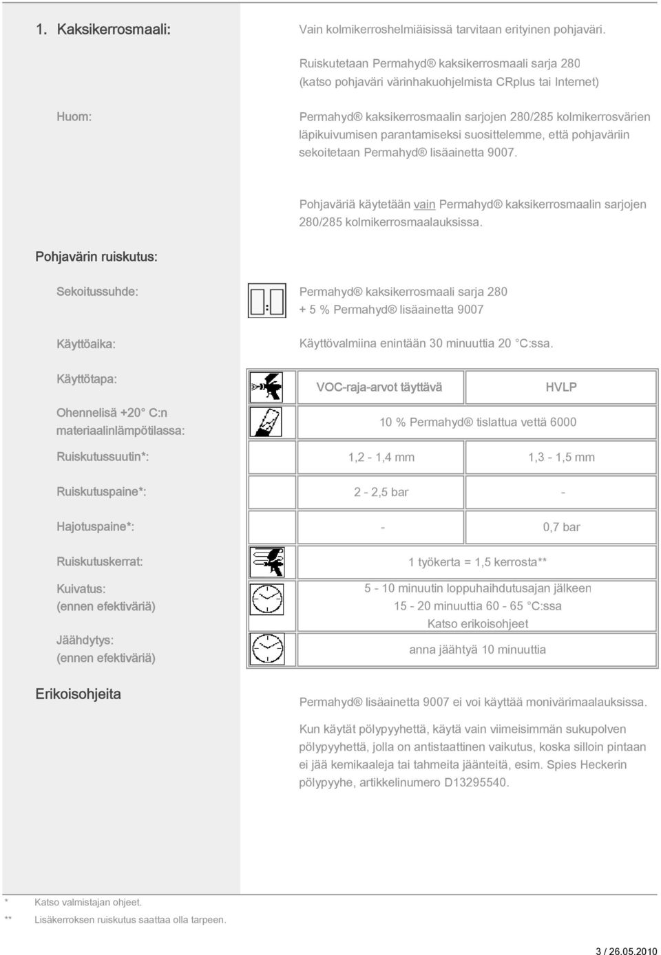 parantamiseksi suosittelemme, että pohjaväriin sekoitetaan Permahyd lisäainetta 9007. Pohjaväriä käytetään vain Permahyd kaksikerrosmaalin sarjojen 280/285 kolmikerrosmaalauksissa.