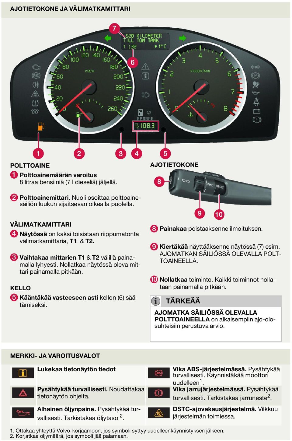 3 Vaihtakaa mittarien T1 & T välillä painamalla lyhyesti. Nollatkaa näytössä oleva mittari painamalla pitkään. KELLO 5 Kääntäkää vasteeseen asti kellon (6) säätämiseksi.