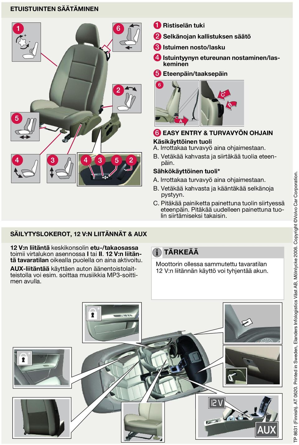 AUX-liitäntää käyttäen auton äänentoistolaitteistolla voi esim. soittaa musiikkia MP3-soittimen avulla. 6 EASY ENTRY & TURVAVYÖN OHJAIN Käsikäyttöinen tuoli A. Irrottakaa turvavyö aina ohjaimestaan.