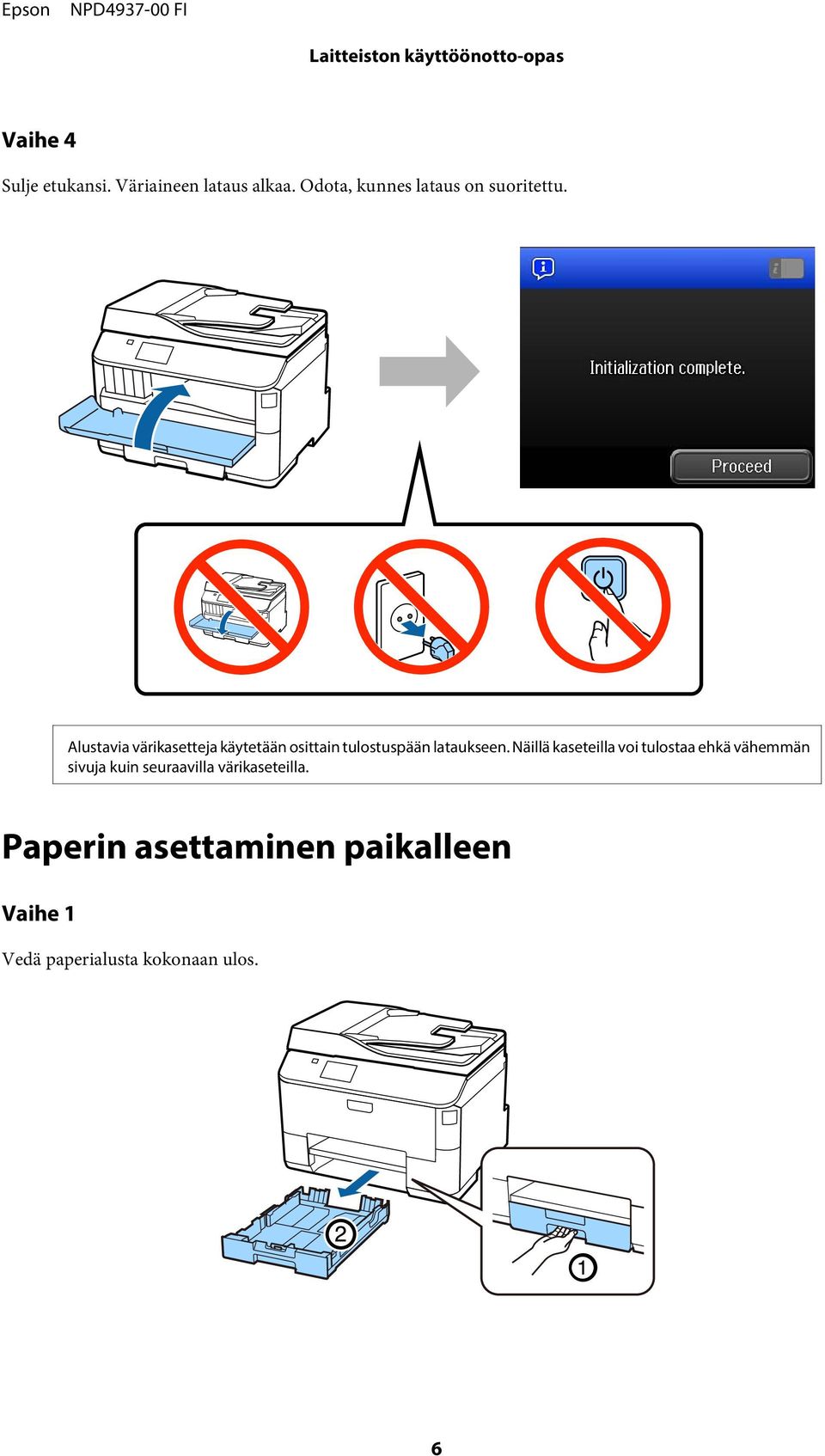 Alustavia värikasetteja käytetään osittain tulostuspään lataukseen.