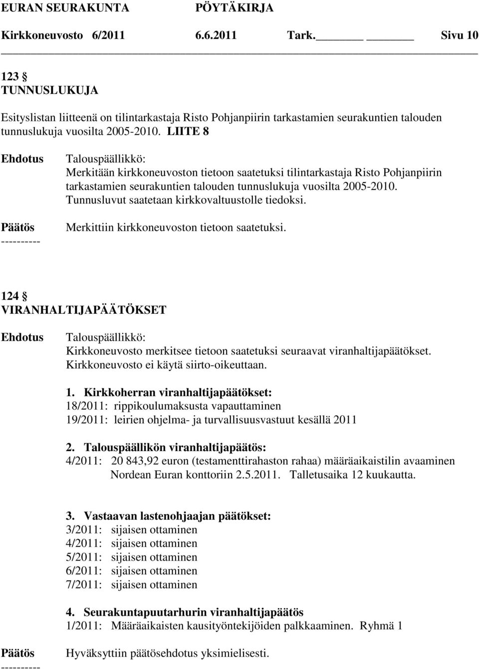 Tunnusluvut saatetaan kirkkovaltuustolle tiedoksi. 124 VIRANHALTIJAPÄÄTÖKSET Kirkkoneuvosto merkitsee tietoon saatetuksi seuraavat viranhaltijapäätökset. Kirkkoneuvosto ei käytä siirto-oikeuttaan. 1. Kirkkoherran viranhaltijapäätökset: 18/2011: rippikoulumaksusta vapauttaminen 19/2011: leirien ohjelma- ja turvallisuusvastuut kesällä 2011 2.