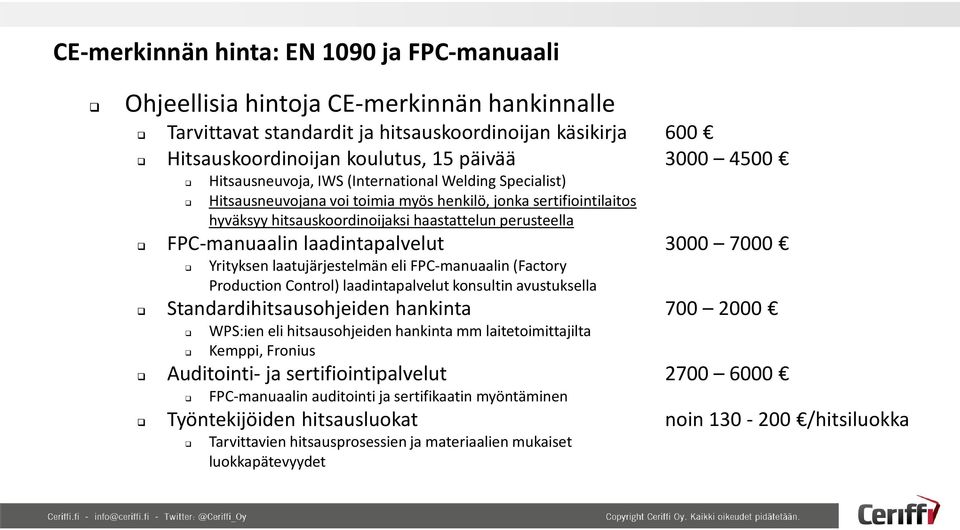 laadintapalvelut 3000 7000 Yrityksen laatujärjestelmän eli FPC-manuaalin (Factory Production Control) laadintapalvelut konsultin avustuksella Standardihitsausohjeiden hankinta 700 2000 WPS:ien eli