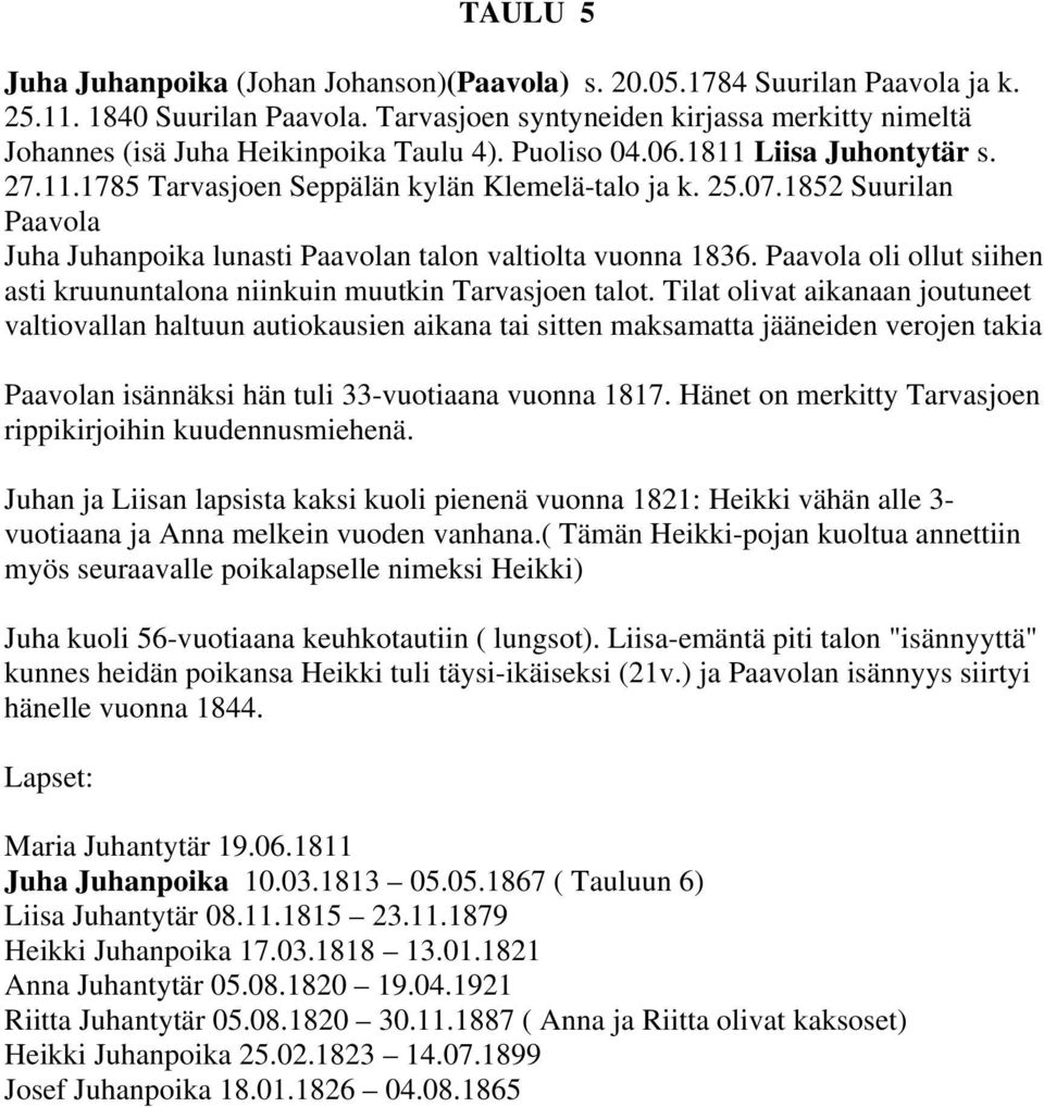 1852 Suurilan Paavola Juha Juhanpoika lunasti Paavolan talon valtiolta vuonna 1836. Paavola oli ollut siihen asti kruununtalona niinkuin muutkin Tarvasjoen talot.