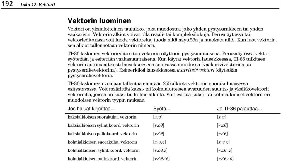 TI-86-laskimen vektorieditori tuo vektorin näyttöön pystysuuntaisena. Perusnäytössä vektori syötetään ja esitetään vaakasuuntaisena.